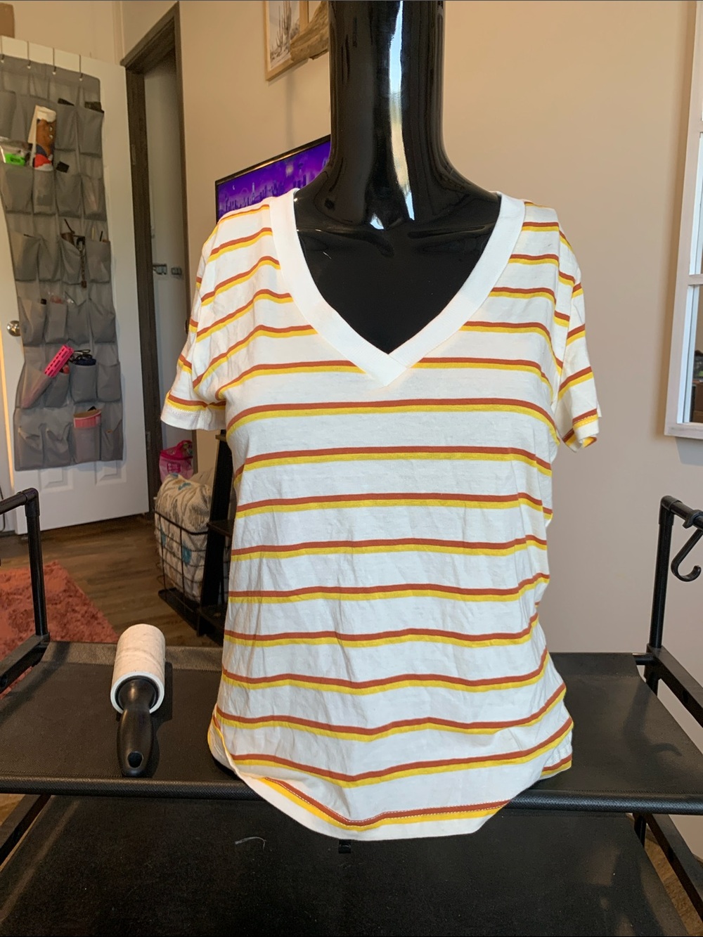 #77 Lush White V-Neck Tee with Yellow and Rust Stripes